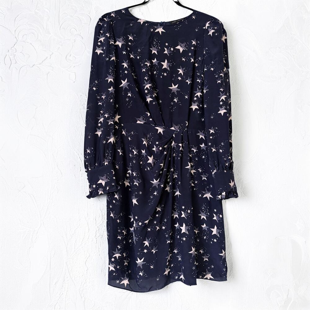 Tara Jarmon Paris 100% Silk Star Print Mini Dress Navy Draped EU 38 US 4